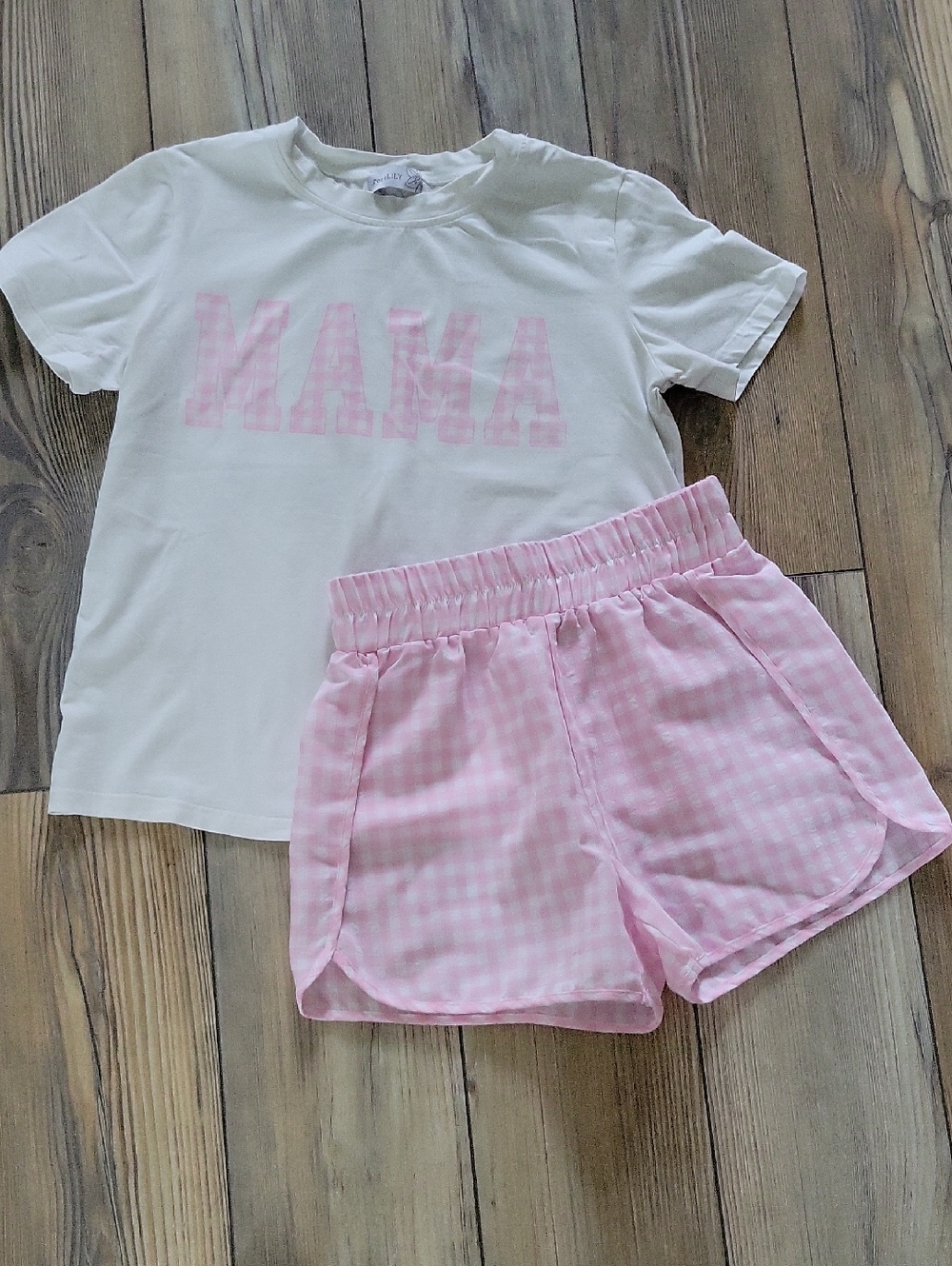 White "MAMA" Short Sleeve Tee with Pink Gingham Shorts Set